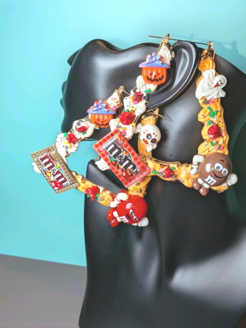 Hand Crafted Decoden Orange, Red, Brown Halloween Candy Charm XL Hoop Earrings